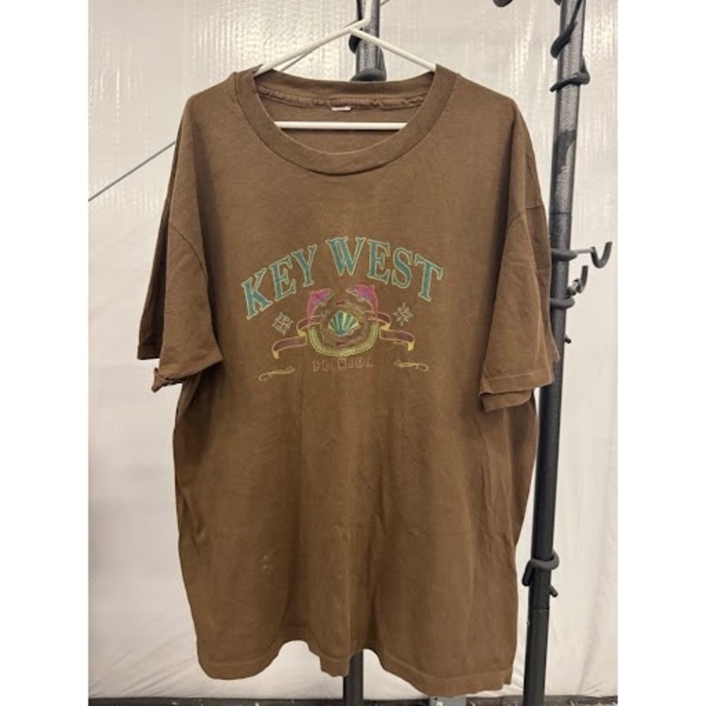 Vintage Key West Florida Dolphin Shell Graphic T-Shirt Brown Single Stitch L XL